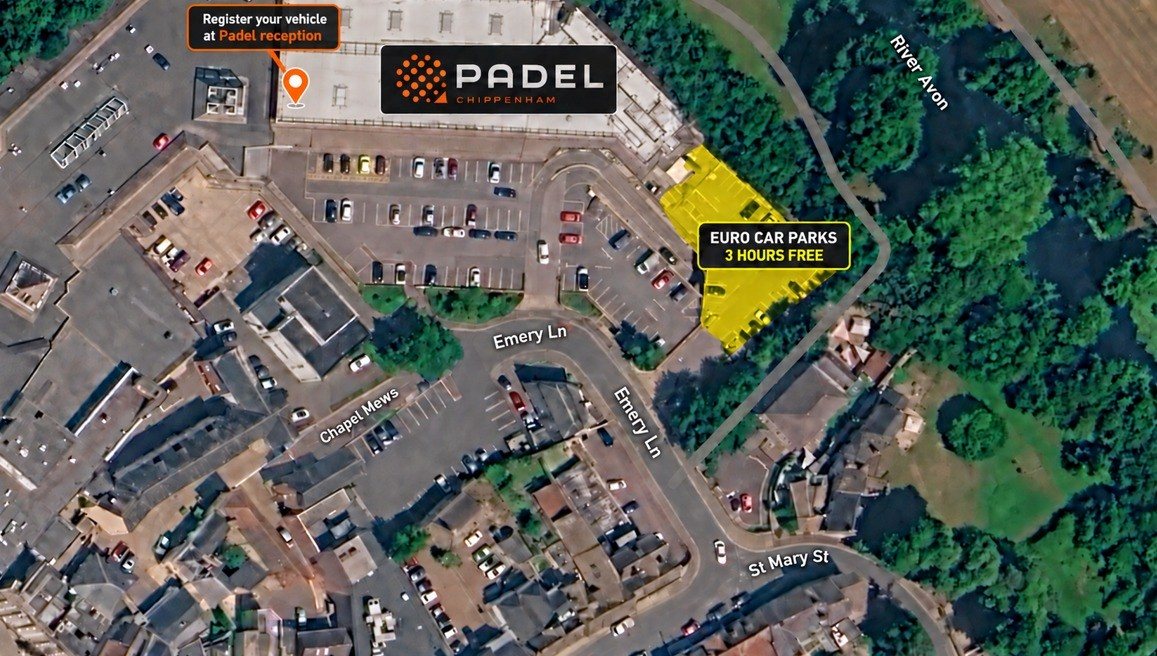 Parking map for Padel Chippenham: the Euro Car Park (3 hours free) is highlighted; the main car park by the entrance is free after 7pm